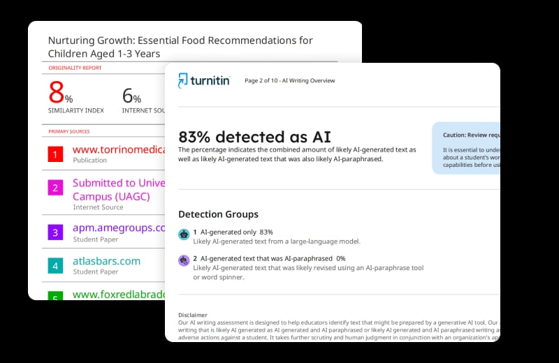 Sample similarity report showing an 8% similarity index with matched sources, and an AI writing report showing 83% detected as AI with detection groups